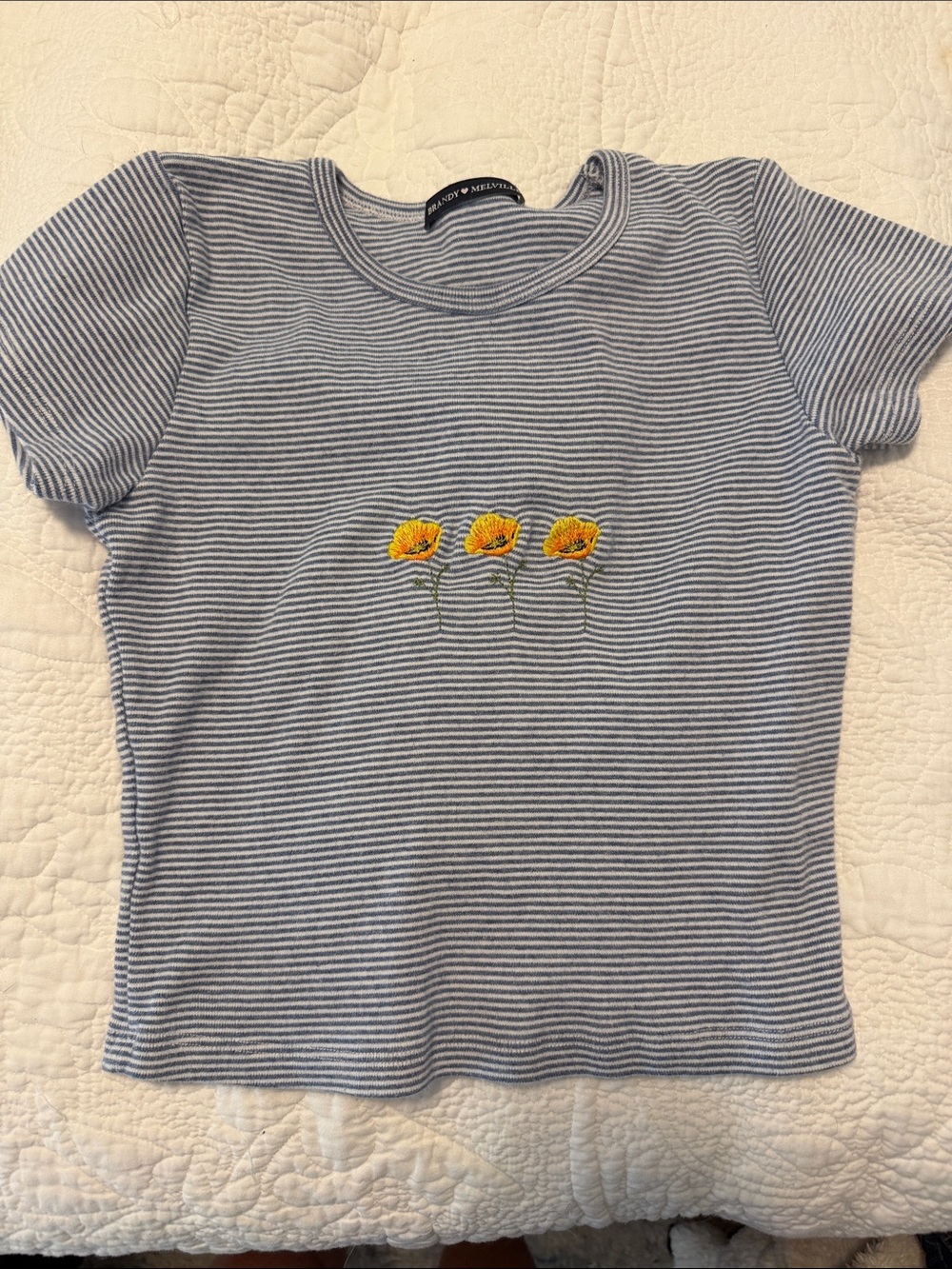 Brandy Melville Blue & White Striped Tee with Yellow Flower Trio